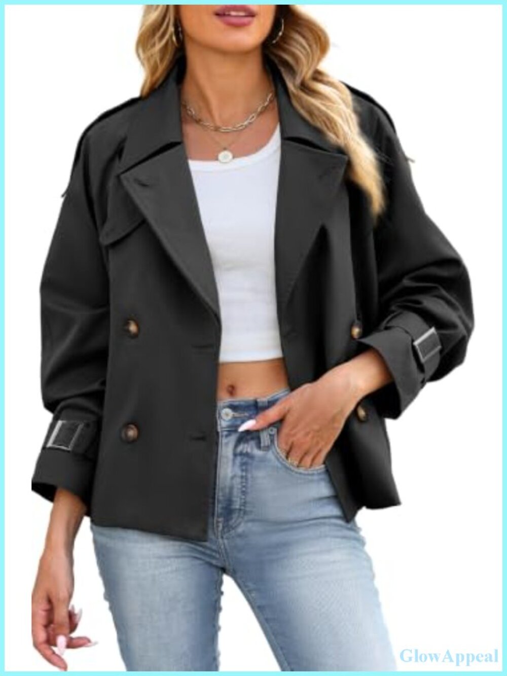 Women's Cropped Trench Coat Double Breasted Button Jacket